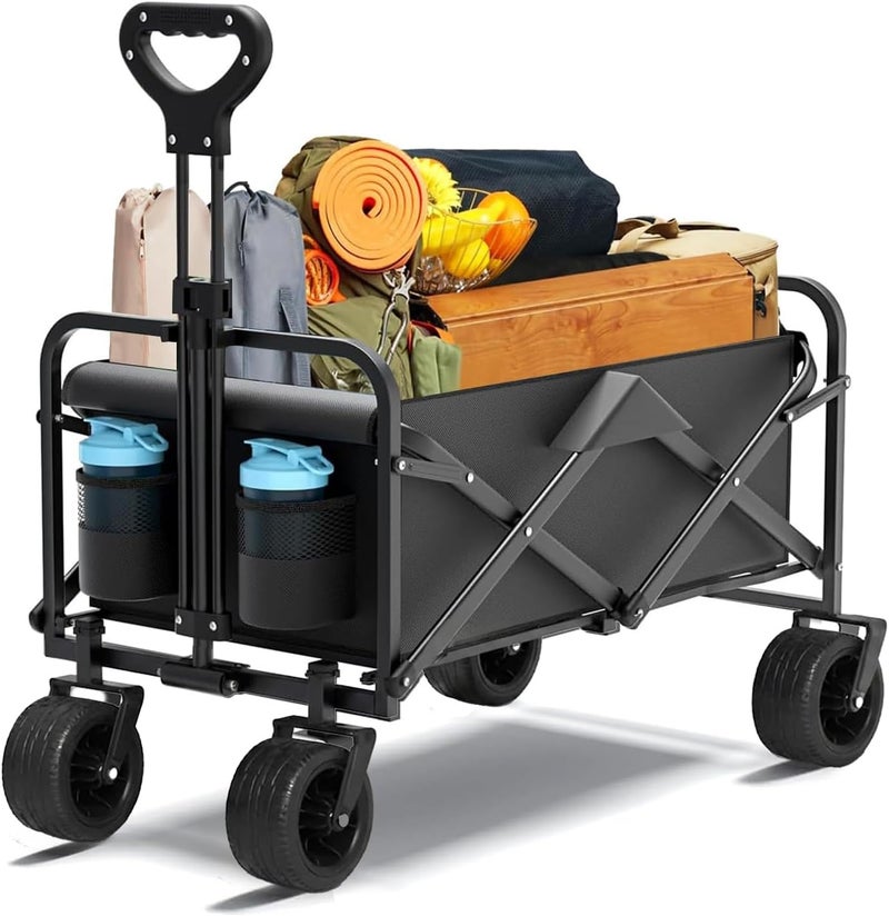 Eworld Collapsible Heavy-Duty Shopping Cart 150kg Load, All-Terrain Big Wheels, Adjustable Handle for Grocery, Camping & Garden – Black - Image 1